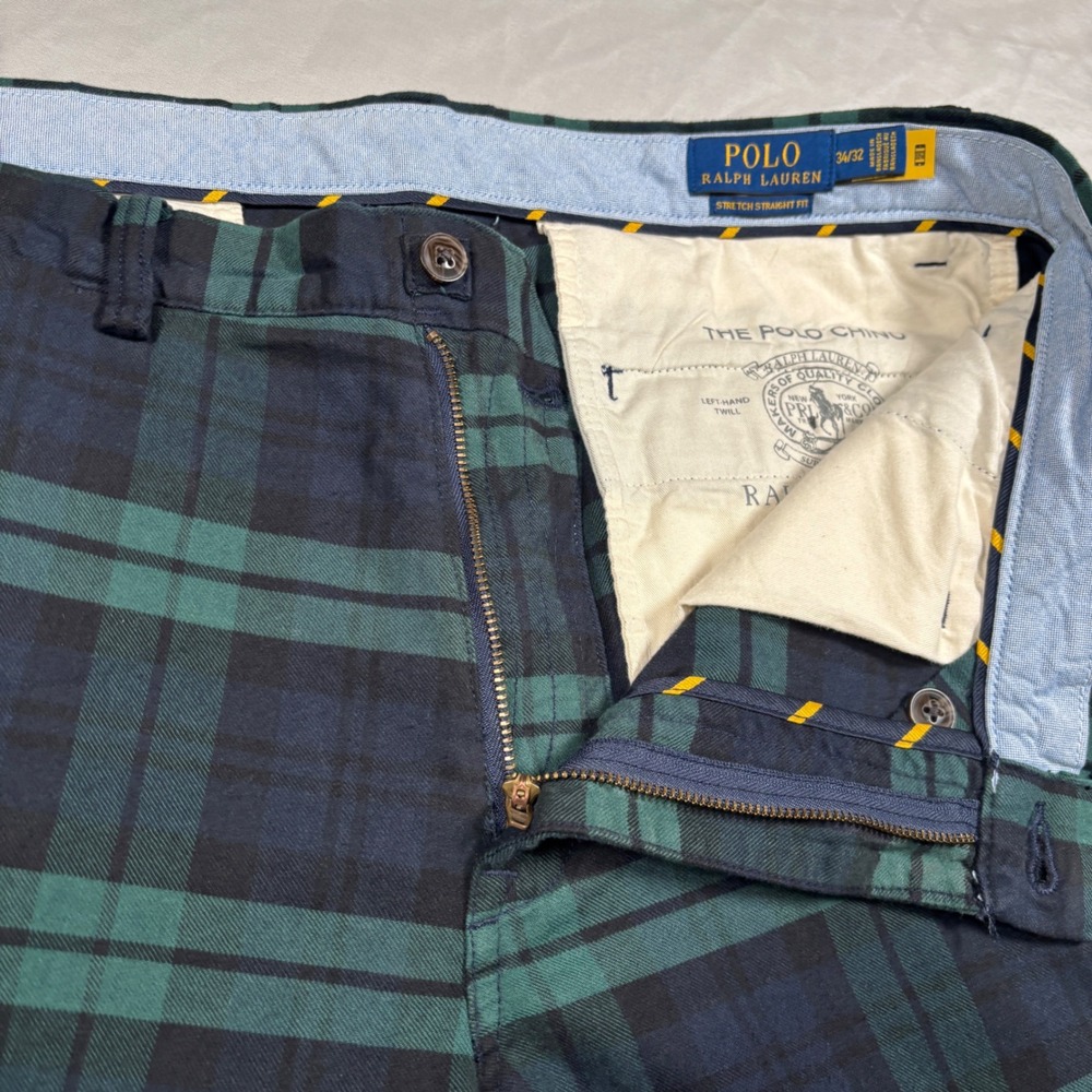 Polo Ralph Lauren Chino Pants Mens 34x32 Green Black Watch Plaid Stretch - Picture 2 of 14